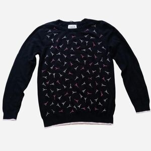 Elle Paris Embroidered Black and Pink Crew Neck Sweater with Ribbed Cuffs